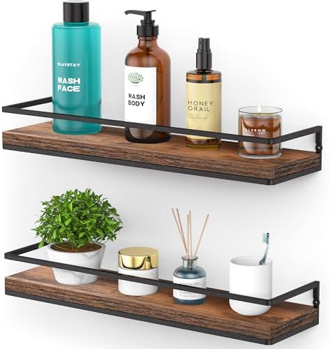 Meangood Floating Shelves Wall Mounted Set of 2, Rustic Wood Wall Storage Shelves for Bedroom,Living Room,Bathroom, Kitc