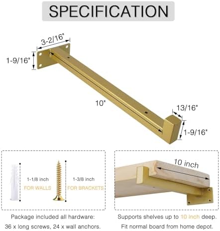 OVOV 6 Pack 10 Inch Gold Shelf Brackets with Lip Wall Shelf Brackets