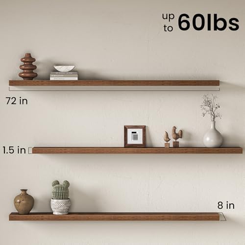 72" Floating Shelves for Wall, Set of 2, 8" Deep, 1.5" Thick, Brown