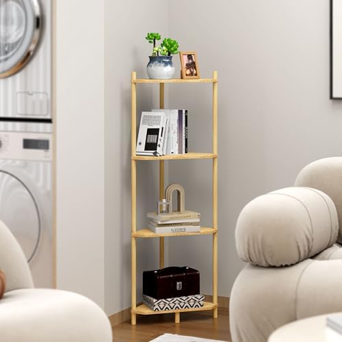 Corner Shelf Stand - 4 Tier Bamboo Small Corner Bookshelf for Office Kitchen Bedroom Plant Stand Living Room Decor Small