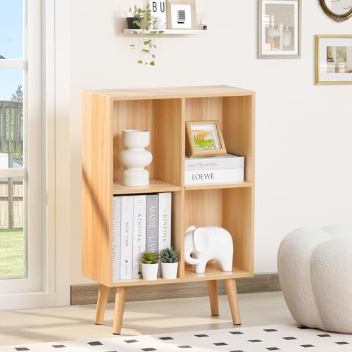 LEYAOYAO 4 Cube Bookshelf, 2-Tier Bookcase with Legs, Natural Kids Book Shelf Cute Storage Organizer, Free Standing Open