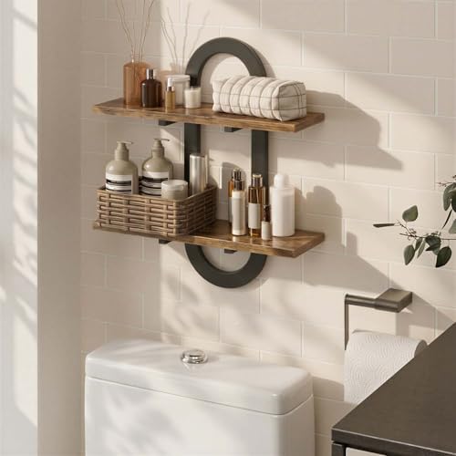 Arched Floating Shelves Set of 2, 15" Vintage Distressed Wall Mounted Shelves with Capsule Frame, Rustic Burnt Wood Hang