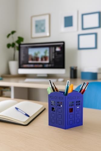 Mango Steam Metal Pen Holder, Makeup Brush Cup Organizer for Office, Bathroom, Vanity (Blue, Police Box)