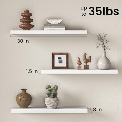 30" Floating Shelves for Wall, Set of 3, 8" Deep, 1.5" Thick, White
