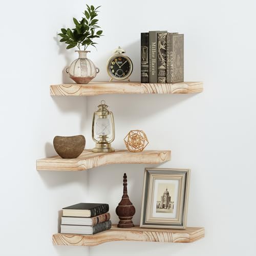 SAUMONIERES Corner Floating Shelves Wall Mount Shelf Solid Wood for Bedroom Bathroom Room Kitchen Storage Set of 3, Rust