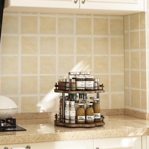2 Tier Lazy Susan Organizer,2-Tier Spinning Spice Rack with Stable Carousel Base & 4 Height Settings for Cupboard Kitche