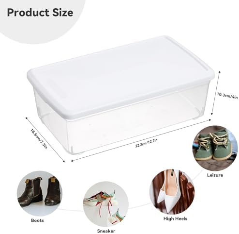 novelinks 12 Pack 6QT Plastic Storage Bins with Lids, Shoe Boxes (White)