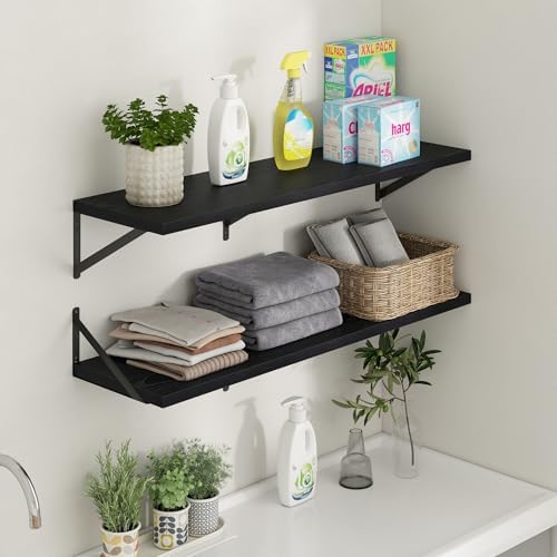 Axeman Deep Floating Shelves - 40 Inch Black Floating Shelves Set of 2-12 Inch Deep Wood Wall Shelves for Living Room Ba