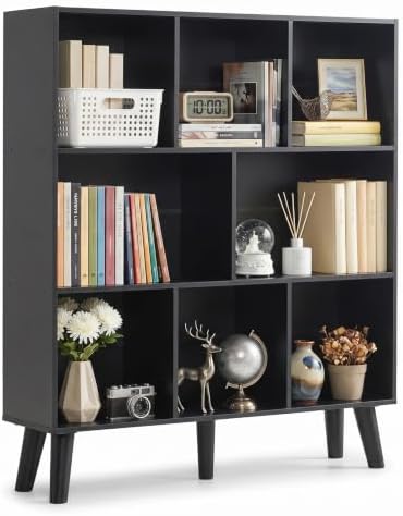 YAHARBO 8 Cube Bookshelf,3 Tier Bookcase with Legs,Black Mid-Century Modern Bookshelves,Large Free Standing Open Storage