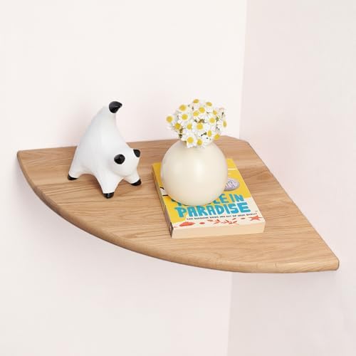 Gieanoo Corner Floating Shelf 16inch Solid Oak Wood Floating Corner Shelf with Wire Hole Corner Wall Mount Storage Displ