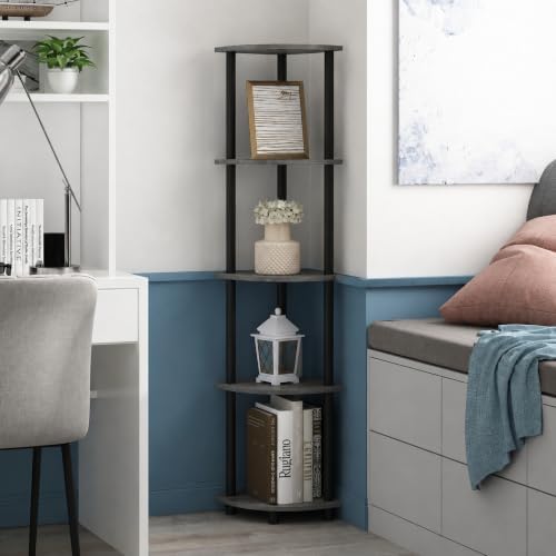 Furinno Turn-N-Tube Toolless Assembly Corner Shelf, 5-Tier Grey Corner Bookshelf, Open Storage Shelves, for Organization