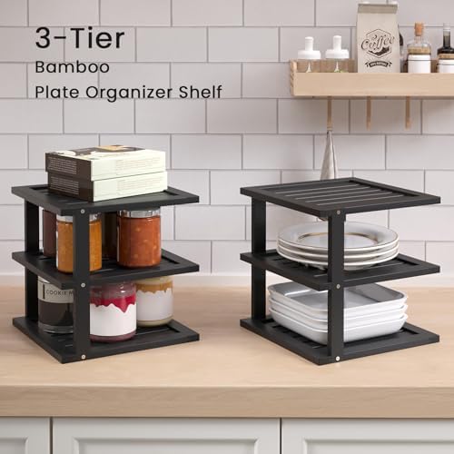 2 Pack Bamboo Corner Shelf,3 Tier Kitchen Cabinet Organizer for Plates and Dishes,Pantry Storage and Spice Rack（Black）