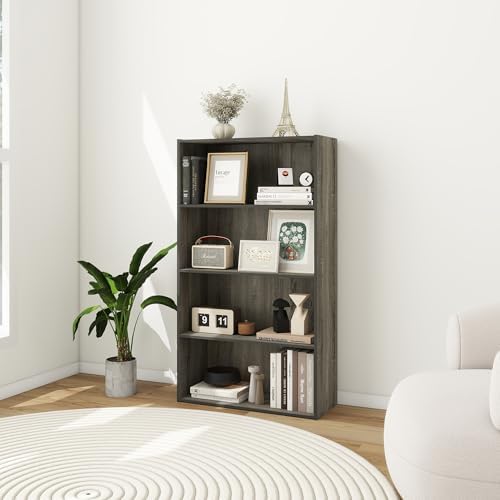 4-Tier Wood Open Bookshelf, Engineered Wood Rustic Book Shelves with 3 Shelves, 9 Inch Deep Small Bookcase for Small Spa