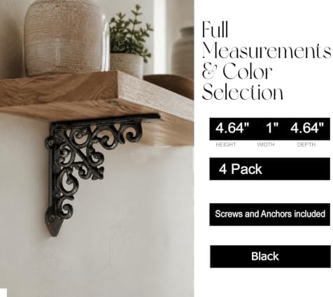 NACH Decorative Shelf Brackets, 4 Pack of 5 x 1.2 x 5 inch, Black Cast Iron Wall Shelf Brackets - Decorative Bookshelf B