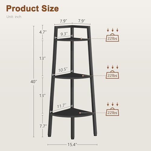 Hoctieon Corner Shelf, 3-Tier 40" Tall Corner Bookshelf, Rustic Ladder Shelf, Industrial Display Stand for Living Room, 