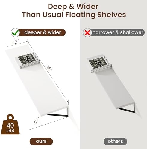 Axeman Floating Shelves for Wall White - 48 Inch Wide x 12 Inch Deep Wall Shelves Set of 2 - White Deep Wood Floating Sh