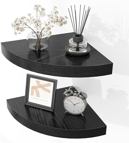 Fun Memories Floating Corner Shelves Set of 2 - Rustic Wood Wall Mounted Storage and Display Shelves for Living Room, Be
