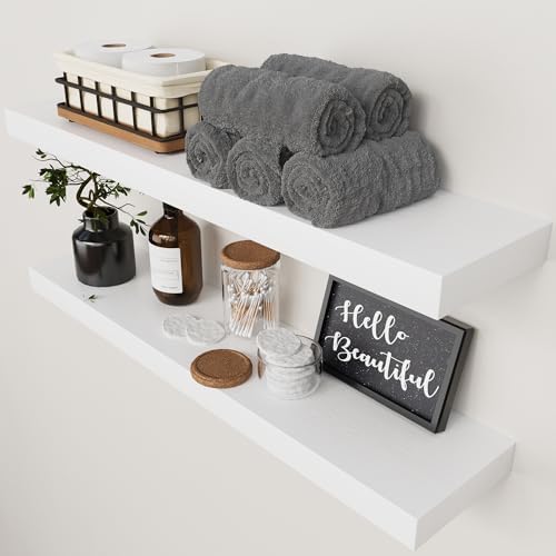 Solid Wood Floating Shelves for Wall 30 Inches Long, White Wooden Shelf