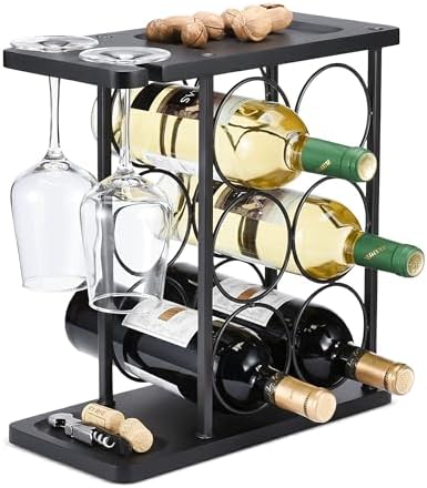 ALLCENER Modern Wine Rack Countertop, Matte Black 6 Bottle Wine Rack with Glass Holder, Metal Wine Holder Stand with She