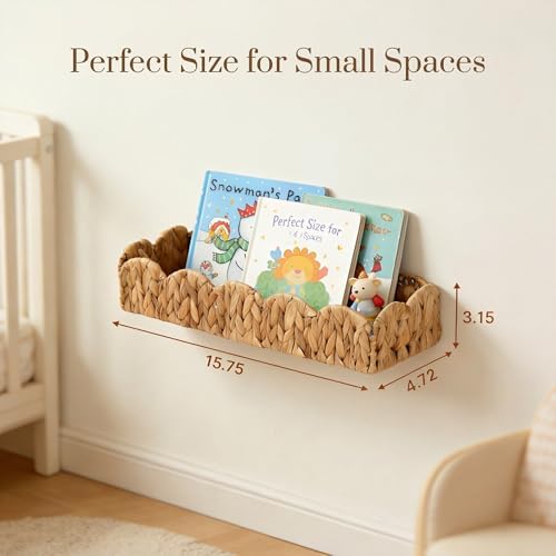 4 Pack Nursery Book Shelves, Scalloped Water Hyacinth Book Shelf for Kids Rooms, Handwoven Floating Book Shelves for Wall, 15.8” Wicker Hanging Bookshelf for Books, Toys, Photo Frames, Nursery decor