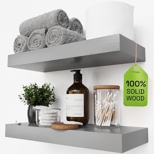 Solid Wood Floating Shelves for Wall 16 Inch Grey, Wooden Bathroom Shelf