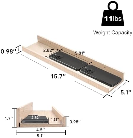 Oak Picture Ledge Shelves, 16 Inch Floating Wall Shelf Set of 2