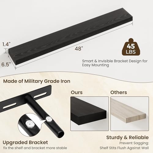 Axeman 48Inch Floating Shelves for Wall, 2 Packs, Invisible Brackets, Black