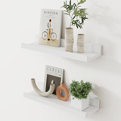 Acovy Floating Shelves for Wall, 16 inch Solid Wood Picture Ledge Shelf, Picture Shelf for Wall with Ledge, Floating Book Shelves for Living Room Bedroom Kitchen Nursery Decor, White, Set of 2