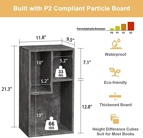VECELO Small Gray Bookshelf, Freestanding 3 Open Cubby Storage Cabinet with Uneven Compartments, Thickened Board, Fits L