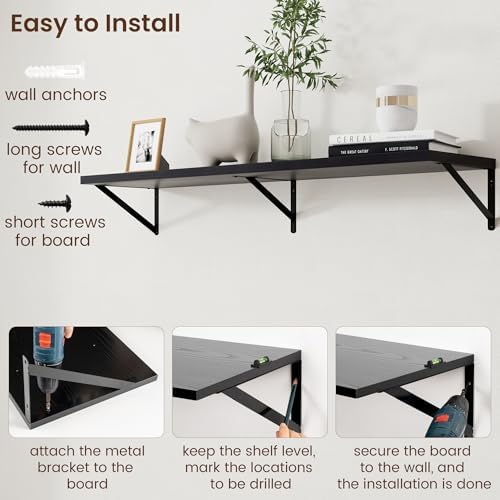Axeman Floating Shelves for Wall Black- 48 Inch Wide x 12 Inch Deep Wall Shelves Set of 2 - Black Deep Wood Floating She