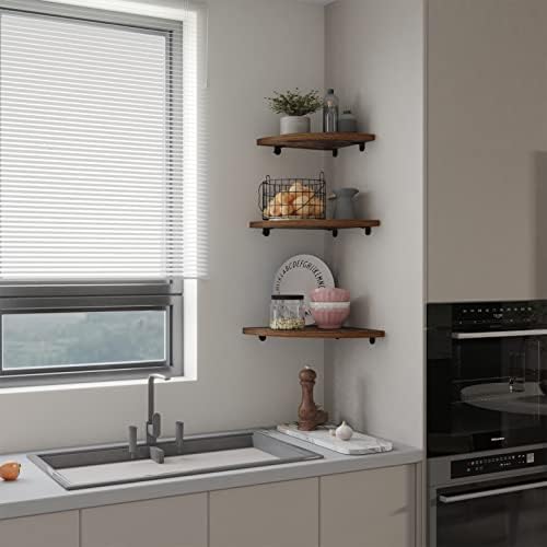 WIFTREY Wall Mount Floating Corner Shelves Set of 3, Hanging Rustic Wall Storage Corner Shelf for Bedroom, Living Room, 