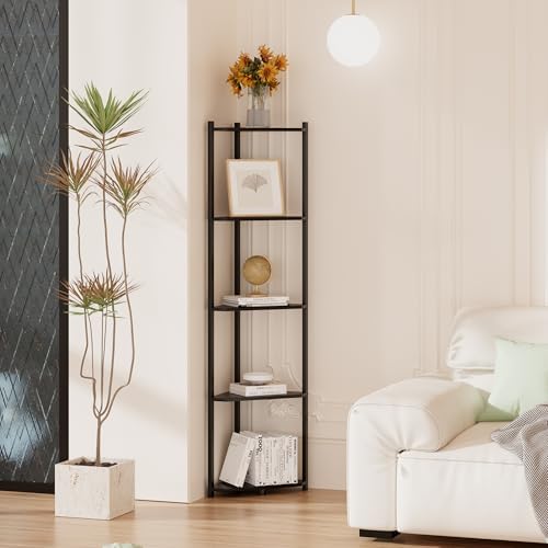 Wisuce Bamboo Tall Corner Shelf Stand, 5-Tier Black Corner Bookshelf