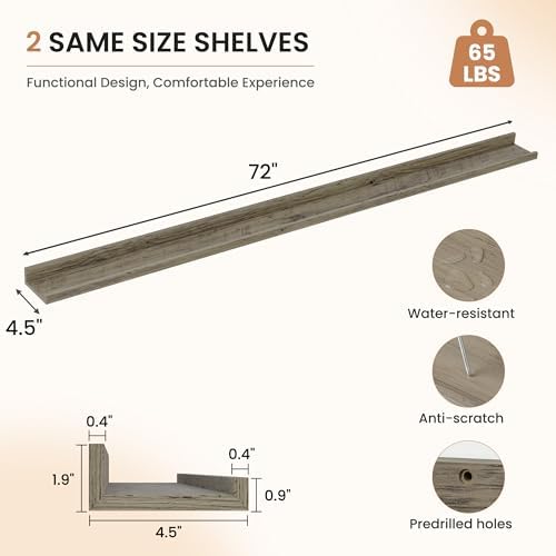Dreamland Picture Ledge Shelf for Wall, Floating Shelves Set of 2,72 inch Long Floating Shelves with Lip for Living Room,Bedroom,Bathroom,Kitchen,Grey