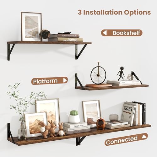 Axeman 24 Inch Floating Shelves, 8 Inch Deep Brown Wall Shelves Set of 2