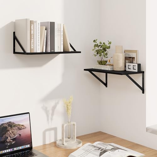 Heimlove Black Deep Floating Shelves for Wall, 16W x 8D Wood Wall Shelves Set of 2, Wide Floating Bookshelf for Living R