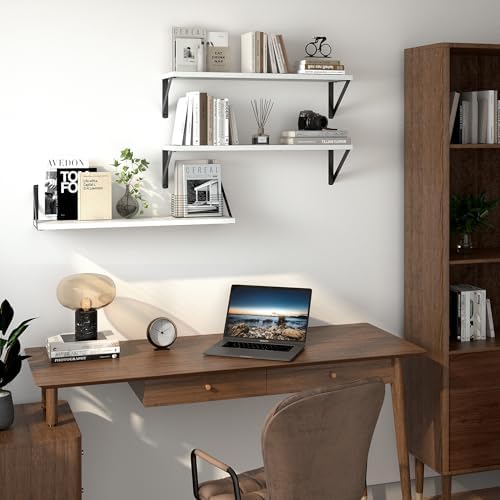 Heimlove Floating Shelves for Wall, 24 Inch Long Wood Floating Shelves Set of 3, Wall Mounted Hanging Shelf for Bathroom