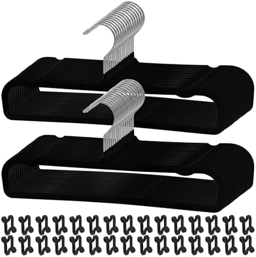 Pants Hangers Non Slip, 30 Pack Velvet Hanger for Closet with 30 Hooks, Strong Durable Space Saving Slim Pants Hanger, Ultra Thin & Space Saving Flocked Hangers for Pants/Shirts/Shorts/Bra (Black)