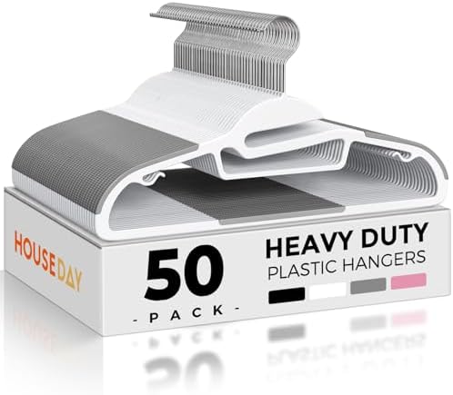 HOUSE DAY Slim Plastic Hangers with Non Slip Rubber Pads, 50 Pack, White
