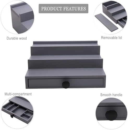 3 Tier Men's Cologne Organizer, Gray Wooden Display Stand with Drawer