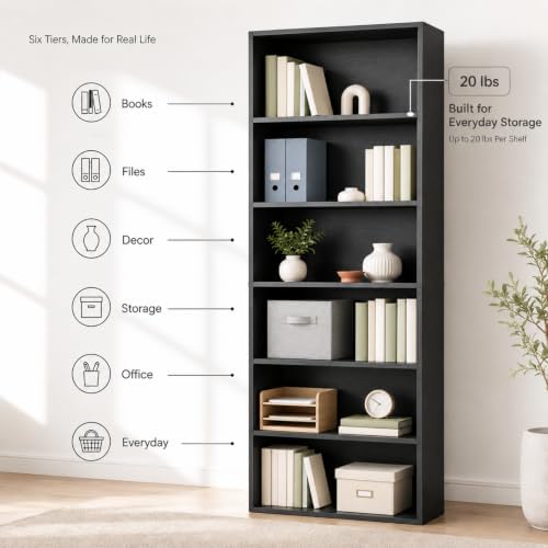 IULULU 6 Tier Bookcase with Open Storage Shelves, Black