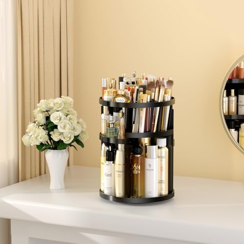 Makeup Organizer 360 rotating, Adjustable Skincare Organizers with Brush Holder, Cosmetics Display Cases for Vanity Bath