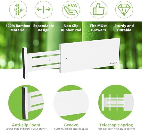 ANTOWIN 4 Pack Expandable Drawer Dividers, 4.7'' High, Extend from 12.2'' to 17.7'', Bamboo Dresser Drawer Organizers Se