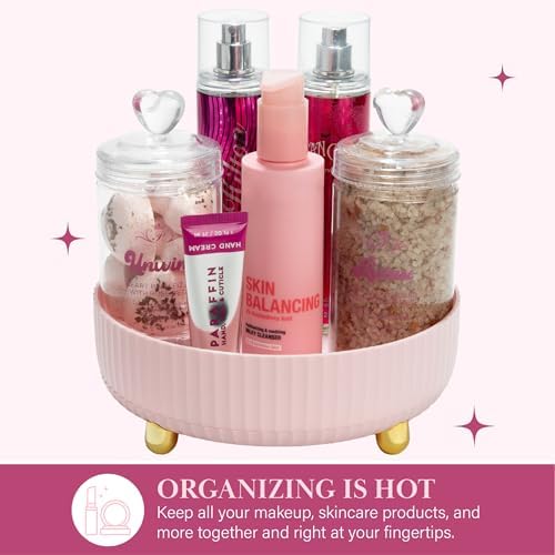 Paris Hilton 360° Rotating Makeup Organizer Tray, Large Capacity for Skincare & Beauty Essentials, Fluted Design with Go