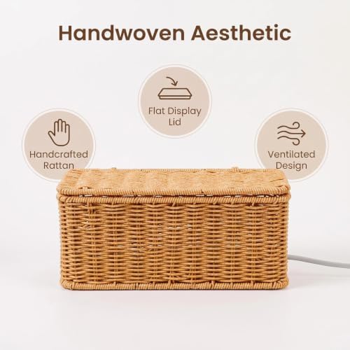 Cable Management Box Handwoven Faux Rattan Cord Basket with Lid (Rectangle)