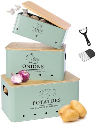 Kitchen Vegetable Storage Set of 3, Metal Onion Garlic Potato Storage Set, Kitchen Canisters Vegetable Keeper Containers