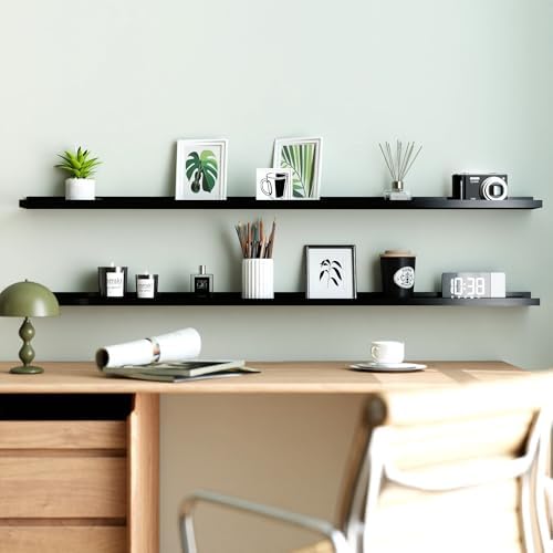 Black Floating Shelves for Wall Decor, 52 in Shelf with Lip Set of 2