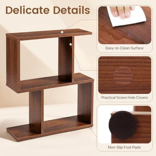 GIANTEX 3-Tier Wood S-Shaped Geometric Bookshelf Set of 2, Walnut