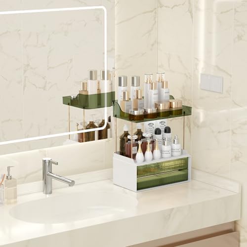 Bathroom Countertop Organizer with 2-Drawer, 3 Tier Makeup Organizer for Vanity, Large Multi-Purpose Makeup Skin Care Or
