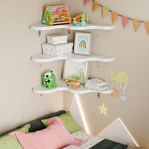 Cute Cloud Shelf Set of 3 - Wavy Floating Corner Shelves Wall Mounted, Corner Shelf Floating with Brackets, Nursery Shel