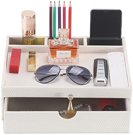 Leather Desk Organizer With Drawers, Home Cosmetics & Phone Remote Organizer, Drawer Plus Divider & Tray (white)